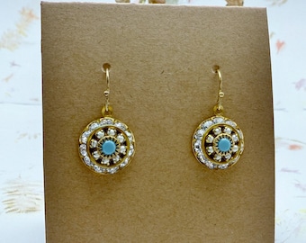Swarovski Three Tier Crystal, Pearl and Turquoise Earrings, Crystals Set in Raw Brass, Shepard's Hook Ear Wire, Pierced Dangle Earrings