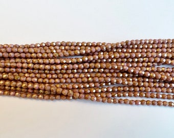 4mm Rose Gold Topaz, Luster Opaque Fire Polish Beads, Round Faceted 4mm Fire Polish Beads, 50 Beads Per Strand