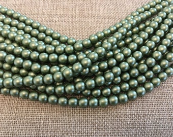 Olive 6mm Glass Pearls, 25 Pearls Per Strand, Matte Finish