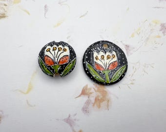 White Tulip by Damyanah Studio, Lentil Shaped Ceramic Bead, Small Round Pendant, Hand Crafted Artisan Beads, Stoneware Beads and Pendants