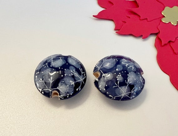 Snowflakes, Lentil Shaped Ceramic Bead, Hand Crafted Artisan Beads, Damyanah Studio