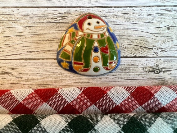 Snowman with Scarf and Red Heart Pendant, Triangular Domed Stoneware Pendant, Glazed On Both Sides, Golem Design Studio Beads