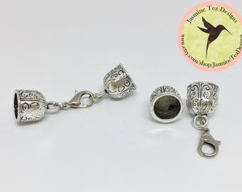 10mm Antique Silver Tone Zinc Alloy End Caps With Lobster Clasp, Scroll Etched End Caps with Lobster Claw Clasp