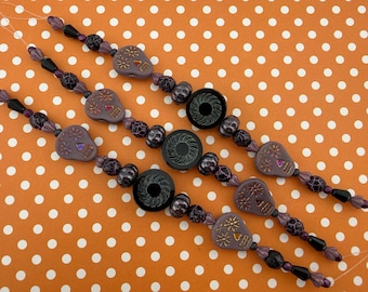 Purple Czech Glass Bead Strand: Sugar Skulls, Melon Beads (7 Inch)