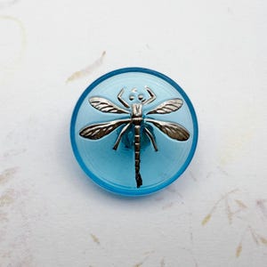 May include: A light blue glass button with a silver dragonfly design.