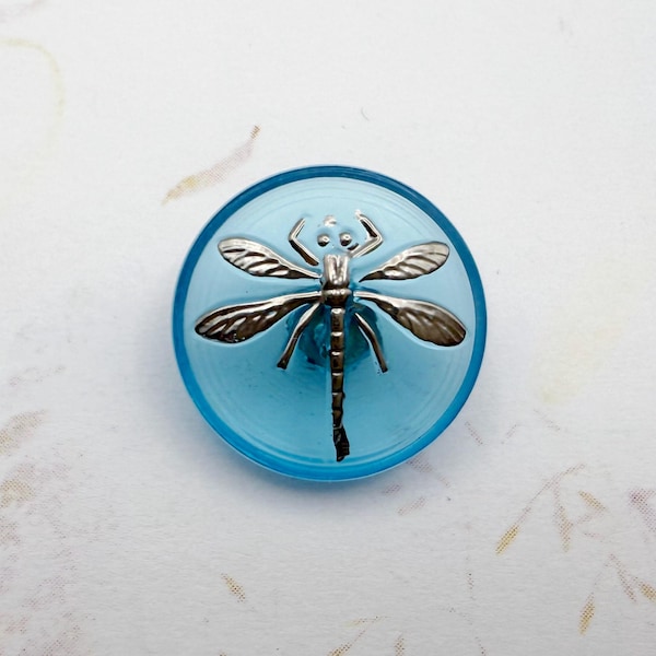 18mm Hand Painted Silver Dragonfly Button: Sky Blue Czech Glass