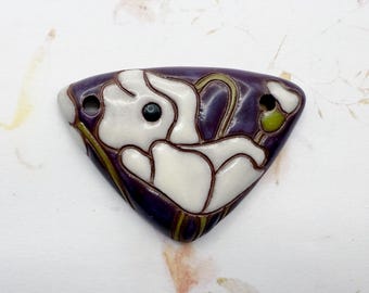 White Poppies on Purple, Large Triangle Terracotta Pendant, Poppies, Two Hole, Front Drilled, Purple Glaze Front and Showing Terracotta Back