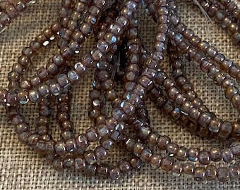 4x3mm Trica Tan and Mulberry with a Brass Finish, Fire Polish Beads, 50 Beads Per Strand, 1mm Center Hole, Trica Beads