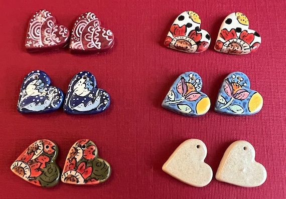 Pairs of Whimsically Decorated Hearts, Hand Crafted Stoneware Hearts by Damyanah Studio, Decorated and Glazed by Hand, Select by Number