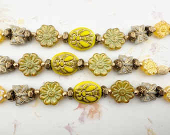 Czech Glass Bead Mix, 7 Inch Strand, Table Cut Yellow Flower Mix