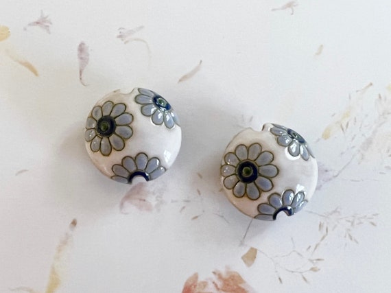 NEW! Golem Medium Lentils, Set of Two, Blooming Blue Daisies, Hand Made Artisan Ceramic Beads