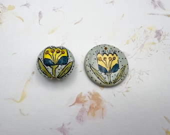 Yellow Tulip on Sage by Damyanah Studio, Lentil Shaped Bead, Small Round Pendant, Hand Painted and Hand Glazed Stoneware Pendant