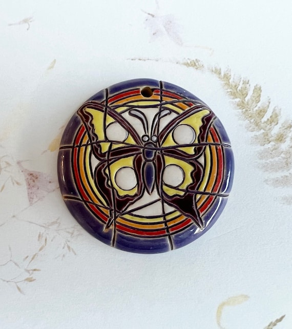 Barcelona Mosaic Purple Butterfly, Glazed Stoneware Pendant, Large Round Pendant Bead, Golem Design Studio