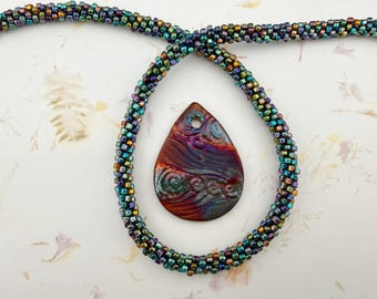 XAZ Raku Teardrops in Waves Pendant, 2 Inch Drop