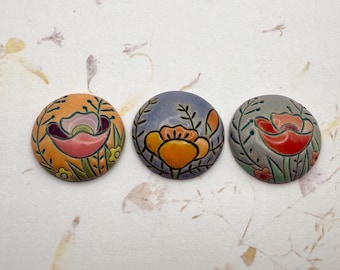 Field Poppy Cabochons, Poppy Cabochon, Domed Cabochon, 1 Inch Round or 25mm Cabochon, Hand Carved and Glazed Stoneware Cabochons, 3 Styles