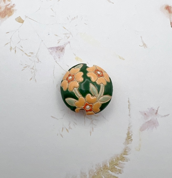 Orange Blooming Hearts on Green, Lentil Shaped Bead, Brightly Glazed Pendant Beads, Golem Design Studio