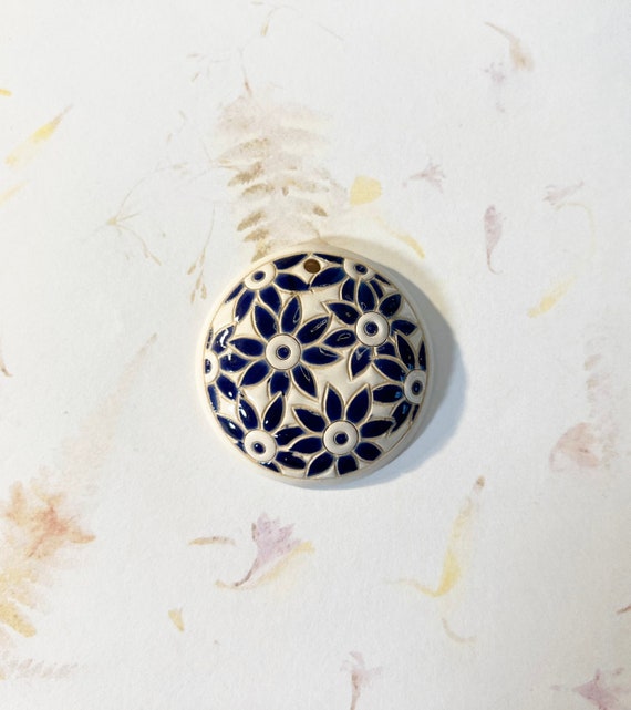 Blue Petal Flowers On White Background Pendant, Round Domed Ceramic Pendant Bead, Golem Design Studio Beads, 1.5 Inches Round