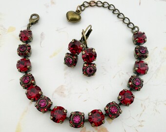 Ruby Fuchsia Crystal Chaton Bracelet and Earrings, Austria, Adjustable Bracelet