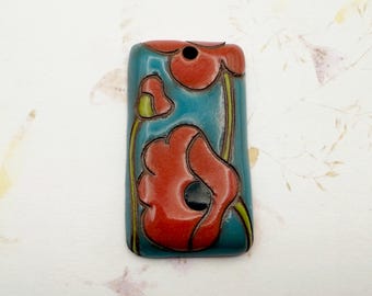 Red Poppies on Teal Blue Glaze, Terracotta Pendant, Rectangle Terracotta Poppy Pendant, Red Poppy Pendant