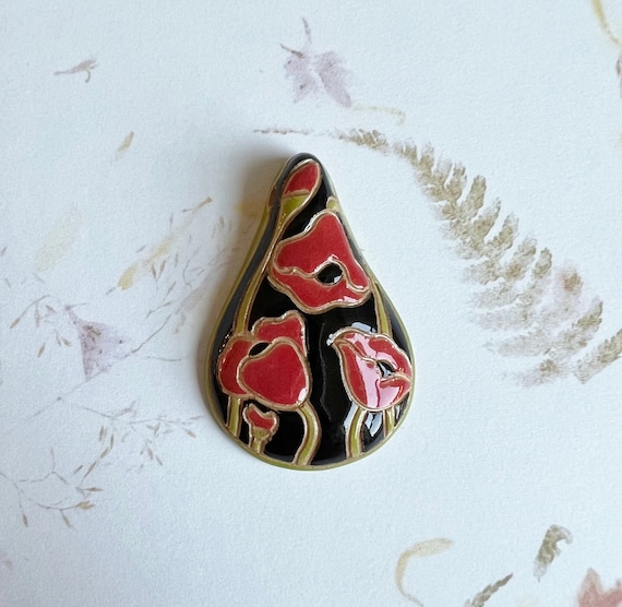 Red Poppies, A Drop Shaped Stoneware Pendant, Hand carved And Hand Painted, Glazed On Both Sides, Drill Hole Is Approximately 2.6mm