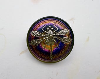 Dragonfly Button, 22mm Round Button, Semi Transparent Volcano, Hand Painted Silver Dragonfly, Shank Button