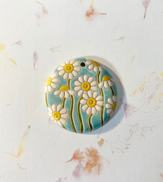 Large Round Daisy Pendant With Light Blue Background And White, Yellow and Orange Daisies, Focal Bead, Pendant Bead, Golem Studio Designs