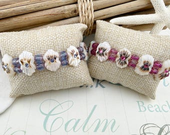 Mother of Pearl Embellished Carved Shell Stretch Bracelets, Beach Vibe, Blue Sapphire or Fuchsia