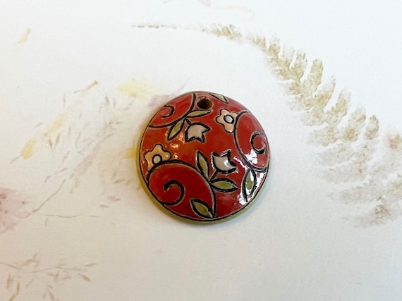 Tuscany Red Textile Styled Floral Domed Pendant, Small Pendant, Stoneware Pendant, Carved and Glazed Stoneware Pendant