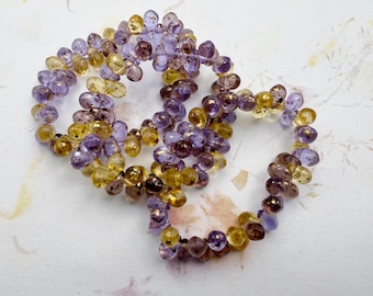 4x6mm Teardrop Beads In A Mix Of Grape And Yellow With Gold Flake, Teardrop Beads, Transparent, 50 Teardrops Per Strand