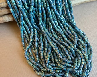 Size 6 or 4mm Aged Turquoise Alabaster Picasso Bugles Mix,  Czech 4mm Tube Beads, Wampum Tube Beads, Tribal Beads, Bugle Beads