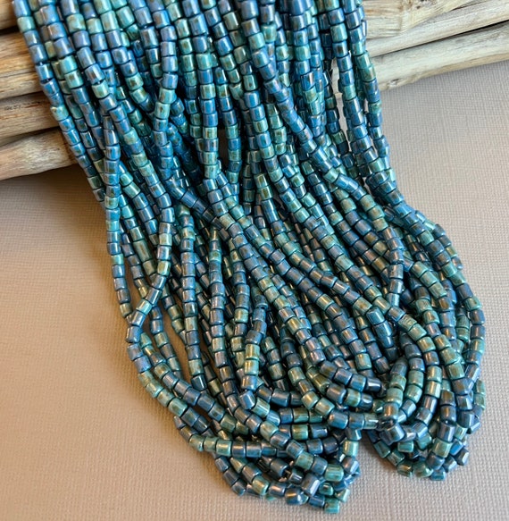 Size 6 or 4mm Aged Turquoise Alabaster Picasso Bugles Mix,  Czech 4mm Tube Beads, Wampum Tube Beads, Tribal Beads, Bugle Beads