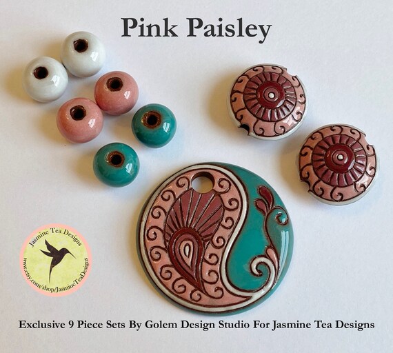 Set of 9 Beads Large Hole Beads Teal And Magenta Paisley Pendant And Lentils With Coordinating Accent Beads Beads For Kumihimo Design