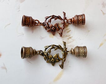 12mm Revolving Floral Etched End Caps With Leaf And Floral Toggle Set, JBB Findings, Antique Copper or Bronze Toggle Leaf And End Cap Set