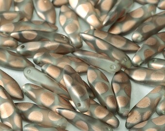 16x5mm Dagger Beads, Matte Capri Gold Dots, 25 Pieces, Laser Etched Dot Design, Single Hole, Side Drilled, Czech Glass Dagger Beads