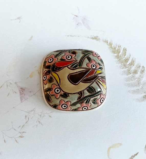 Waxwing on Blooming Branches Stoneware Pendant, Domed Square Pendant Bead, Golem Design Studio, Glazed On Both Sides