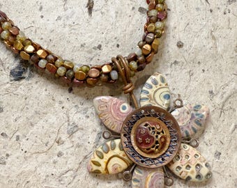 Cobble Garden Path Necklace, 21 Inch Beaded Kumihimo Necklace Featuring Julie Picarello Button Blossoms Pendant