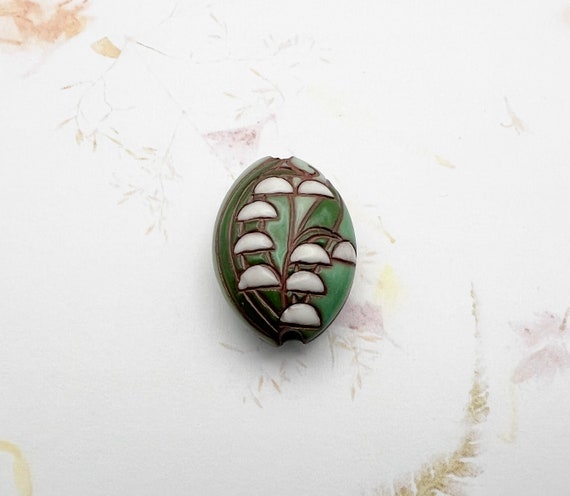 Lily Of The Valley Terracotta Pendant Bead, Hand Glazed, Hand Carved, Small Oval Pendant Beads, Golem Design Studio