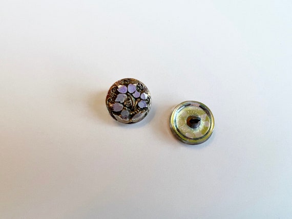 18mm Round Lacy Three Flower Design Button, Iridescent AB Finish and Antique Gold Paint, Shank Button, Czech Glass Button