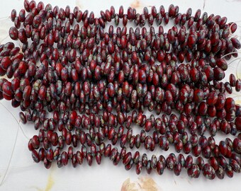 Opaque Red Picasso, 6mm Lentil Beads, 50 Beads per Strand,  Czech Glass Lentil Beads, Single Hole, Top Drilled Lentil Beads