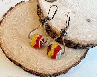 Waves Earrings, Leather And Stoneware Beads, Boho Dangle Earrings, Artisan Stoneware Beads With Leather Earrings, Artisan Teardrop Earrings