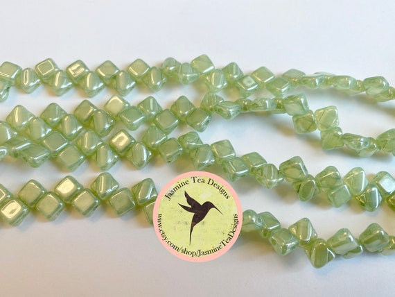 Milky Jonquil Green Luster Silky Beads, 2 Hole 6mm, Beautiful Luster Finish Silky Beads, 40 Beads Per Strand