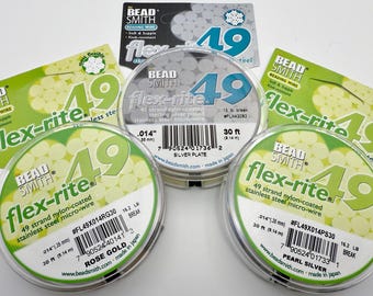 Flex-Rite Beading Wire, 6 Colors To Choose From, 49 Strand Nylon Coated Stainless Steel Micro Wire, .014 Inch, 30 Foot Rolls, Made In Japan