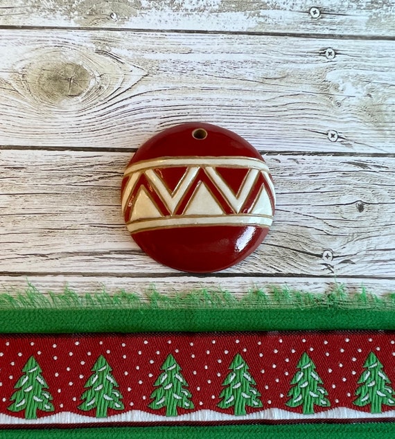 Christmas Tree Ornament Pendant, Large Round Domed Stoneware Pendant, Glazed On Both Sides, Golem Design Studio Beads