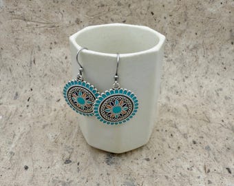 Bohemian Enamel Earrings, Turquoise Enamel and Complimentary Colors on an Ancient Design, Drop  Dangle Earrings, Silver Plate, Hook Ear Wire