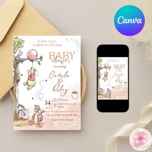 Bewerkbare Winnie de Pooh-babyshoweruitnodiging, 100 hectare groot houtthema