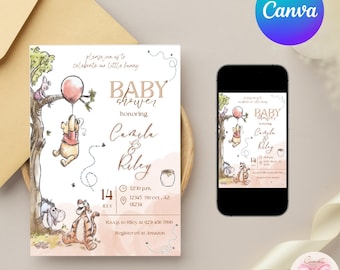 May include: A Winnie the Pooh themed baby shower invitation with a pink watercolor background. The invitation features Winnie the Pooh holding a pink balloon, Piglet, Tigger, and Eeyore. The text on the invitation reads "Please join us to celebrate our little bunnys Baby shower honoring Camila & Riley 14 July 12:30 pm. 12345 Street, AZ 01234 Rsvp. to Riley at 420 456 7850 Registered at Amazon"