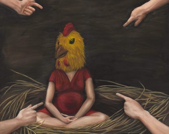 Expectations [Pregnant woman with chicken mask in nest.] 11"x18" Giclee print of original painting