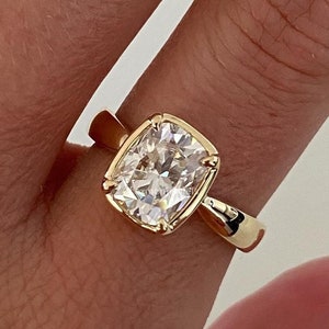 Elongated Cushion Cut Moissanite Ring 2.50 Ctw Solitaire Engagement Ring Bezel Set Moissanite Ring Solid Yellow Gold Diamond Bridle Ring