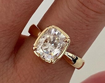 Elongated Cushion Cut 2.50CTW Moissanite Solitaire Ring, Yellow Gold Bezel Set