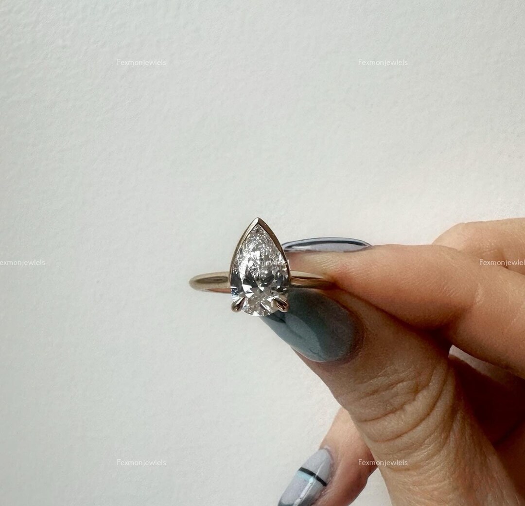 Pear Cut Moissanite Ring Solitaire Engagement Ring 1.50 Ct Bezel Set ...
